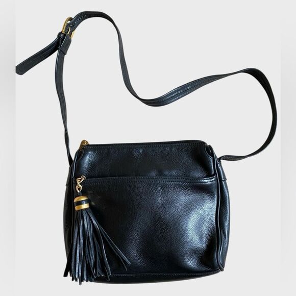 Tignanello Black Leather Crossbody Shoulder Bag Tassel Charm Pockets Adjustable - Picture 1 of 16